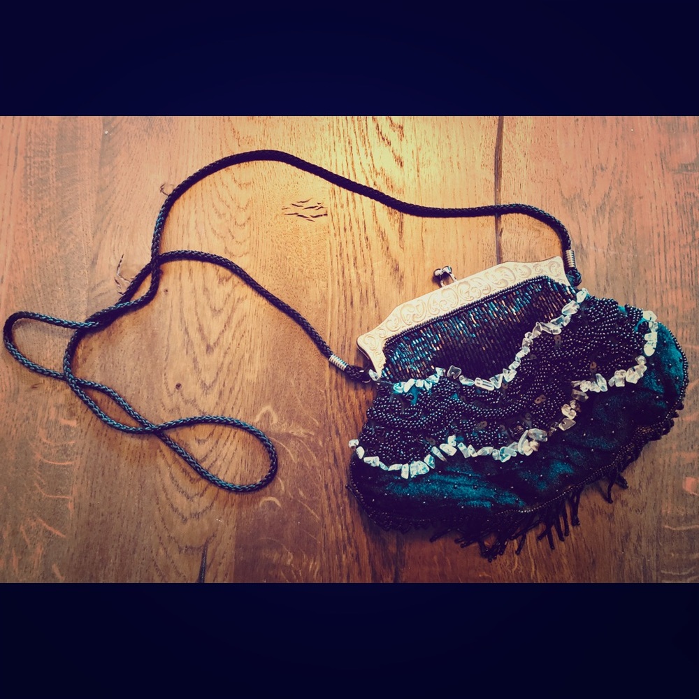 Kate Landry Black & Blue Satin Beaded Evening Bag